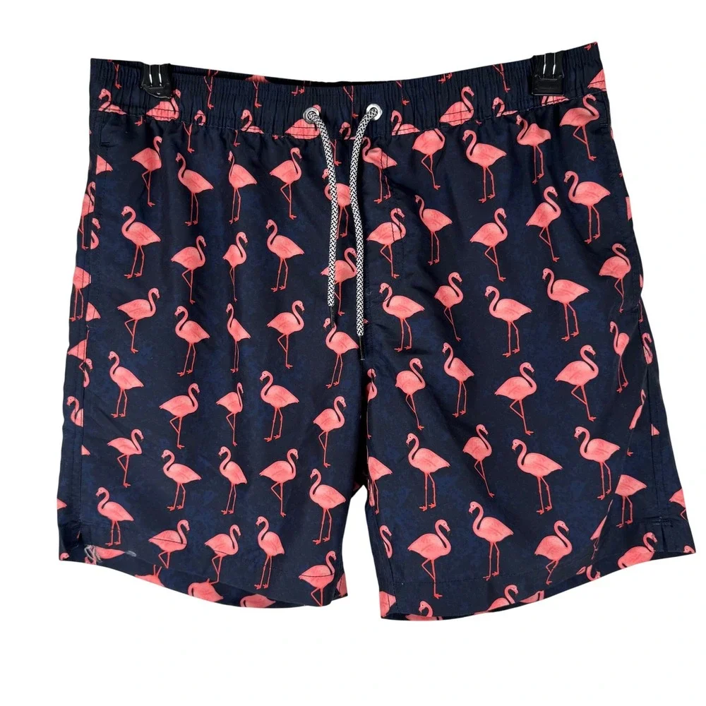 Maamgic Swim Trunks Mens L Navy Pink Flamingo Print Quick Dry Board‎ Shorts